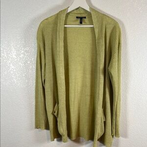 Eileen Fisher Chartreuse Organic Linen Patch Pocket Ribbed Cardigan Size Small